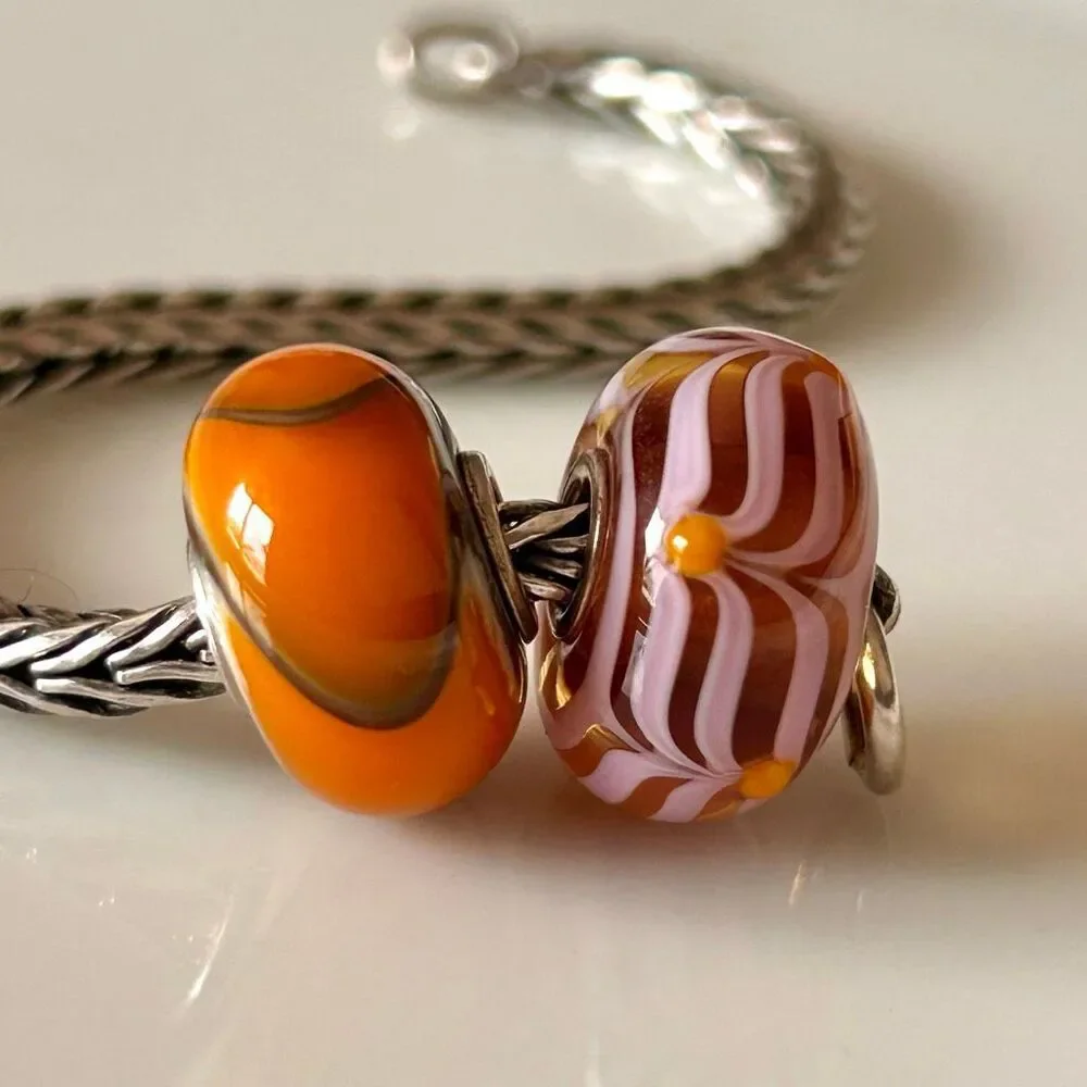 TROLLBEADS Lot of 2 Pink & Orange Beads LAA 925S Armadillo & Chevron Unique